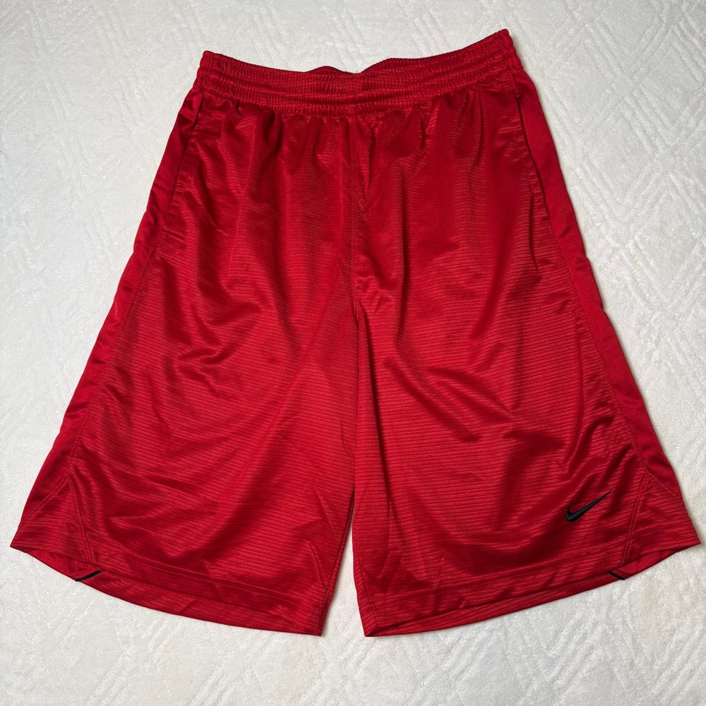 Sporty Retro Nike Mens L Red Basketball Shorts Black Swoosh Athletic